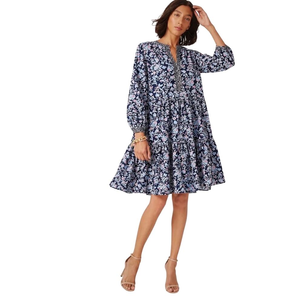* J.Crew Navy Blue Floral Chiffon Tiered  Mini Dress Boho Style with pockets